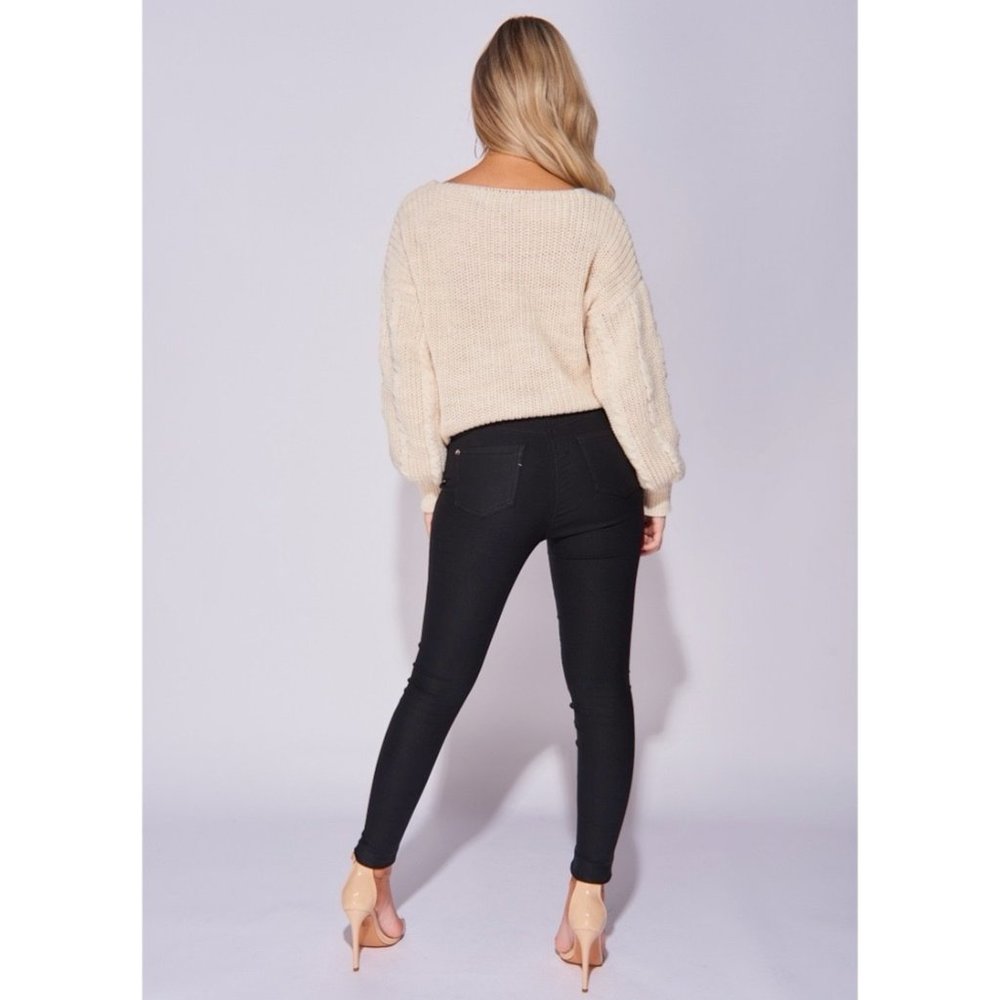 Beige Knitted Long Sleeve V-Neck Ruched Loose Fit Sweater Top - Picture 4 of 7